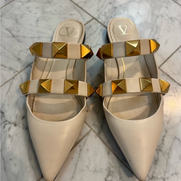 Valentino Cream Flats with Gold Studs